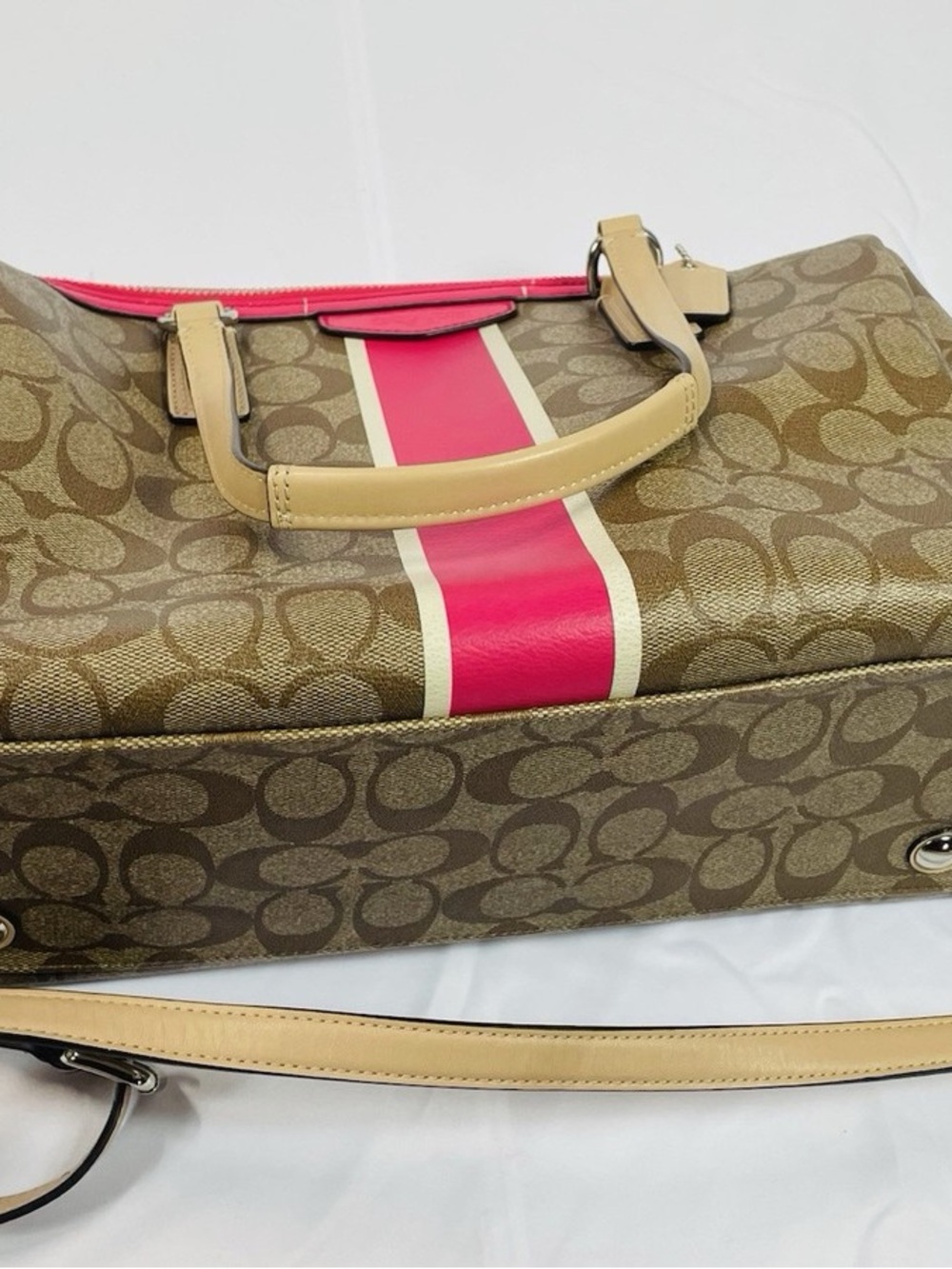 Fair condition Coach Brown Signature Canvas Satchel with Pink Stripe and Tan - Picture 8 of 15